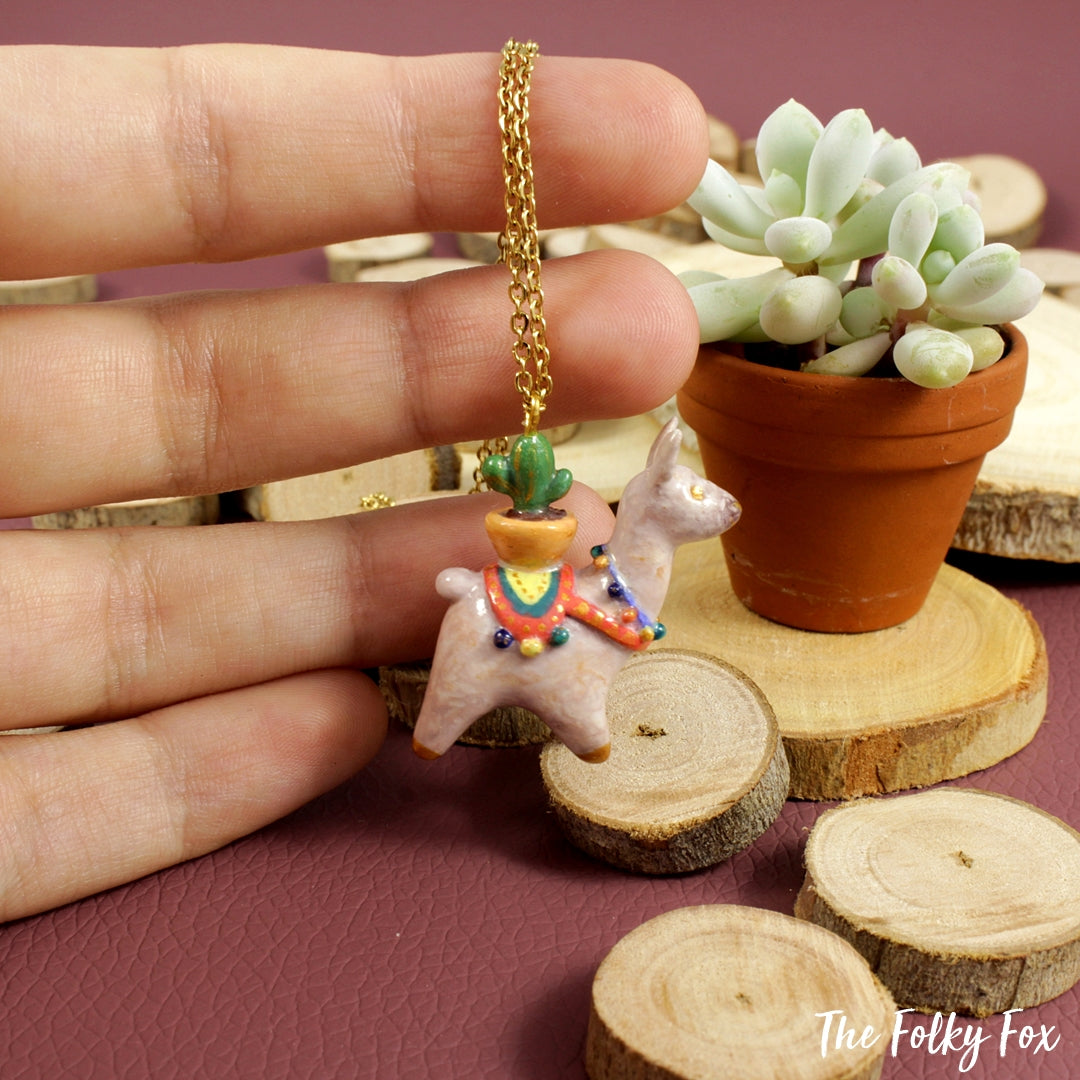 Cactus Llama Necklace in Polymer Clay - The Folky Fox