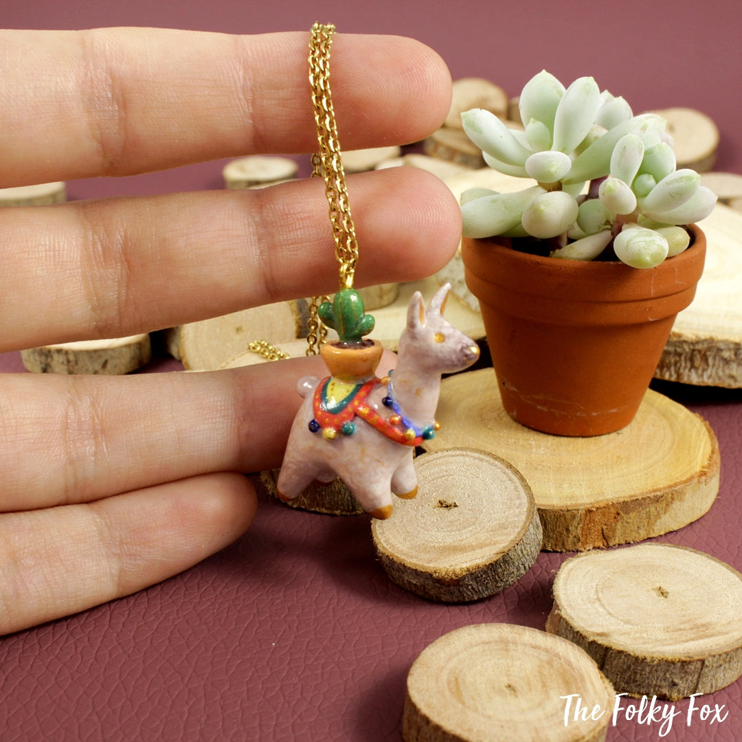 Cactus Llama Necklace in Polymer Clay - The Folky Fox