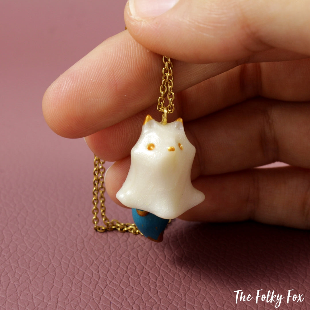 Blue Fox Ghost Necklace in Polymer Clay - The Folky Fox