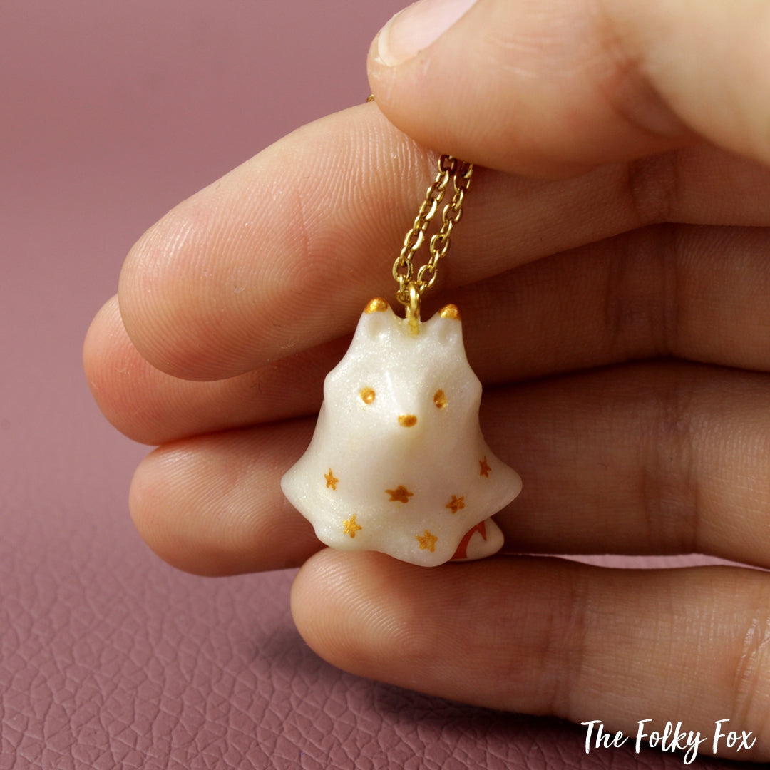 Orange Fox Ghost Necklace in Polymer Clay - The Folky Fox