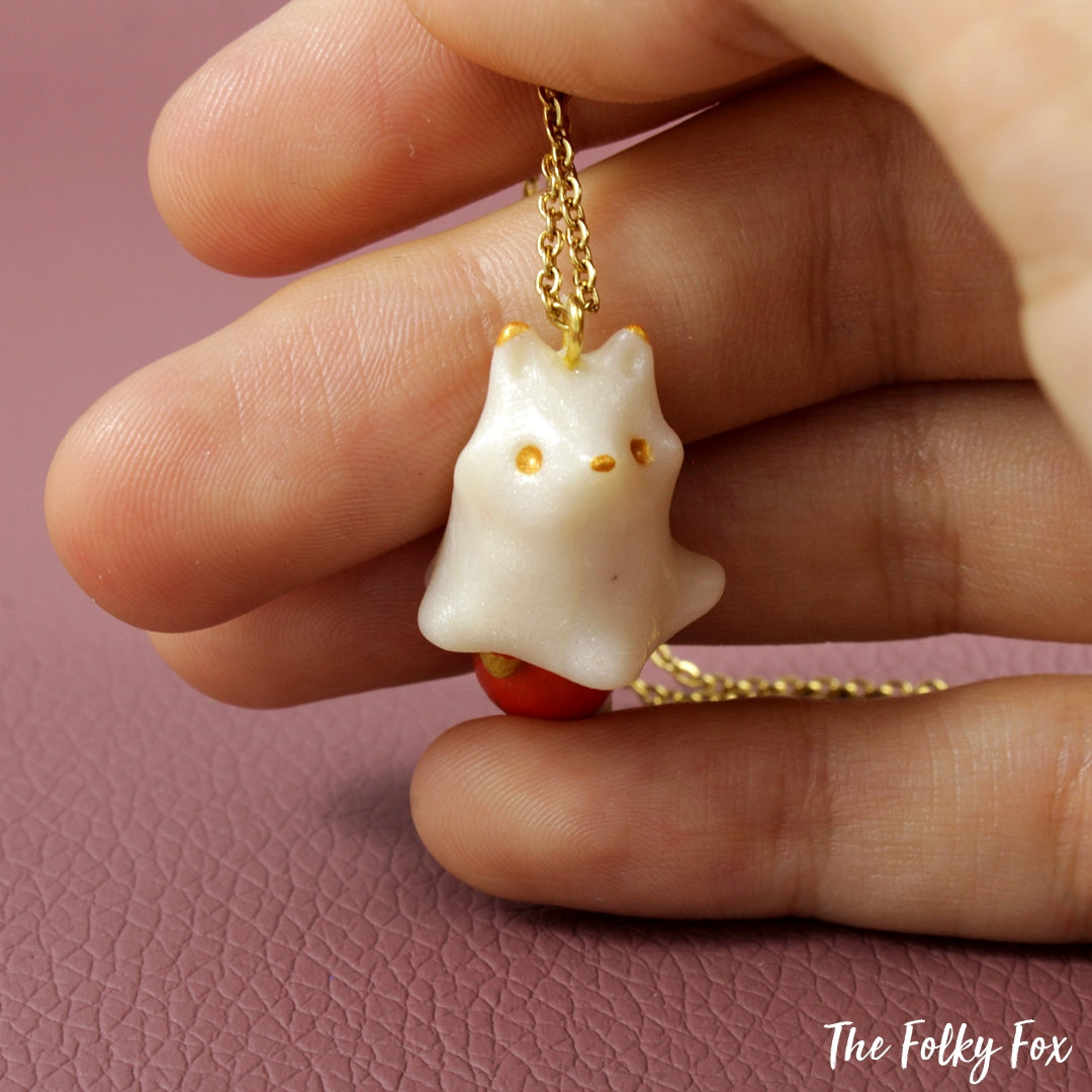 Red Fox Ghost Necklace in Polymer Clay - The Folky Fox
