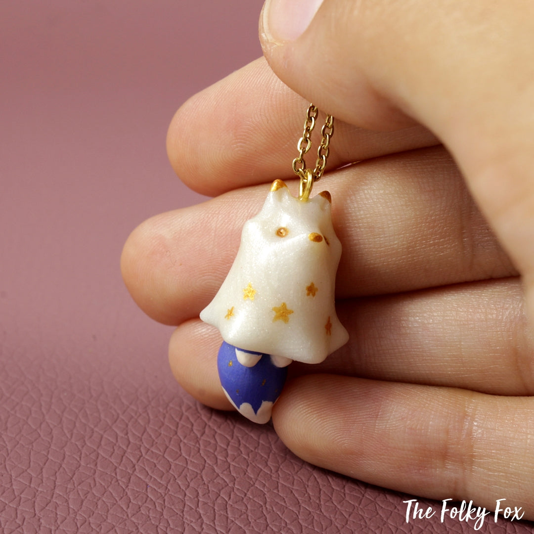 Dark Blue Fox Ghost Necklace in Polymer Clay - The Folky Fox
