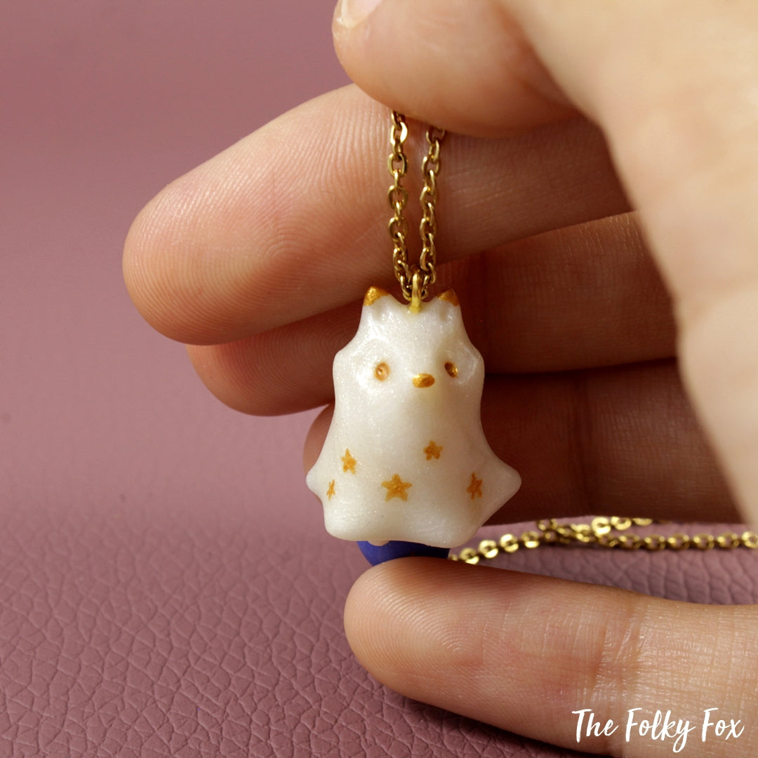 Dark Blue Fox Ghost Necklace in Polymer Clay - The Folky Fox