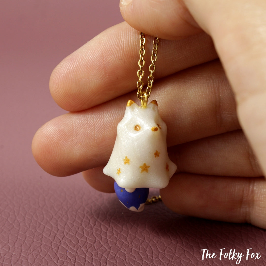 Dark Blue Fox Ghost Necklace in Polymer Clay - The Folky Fox