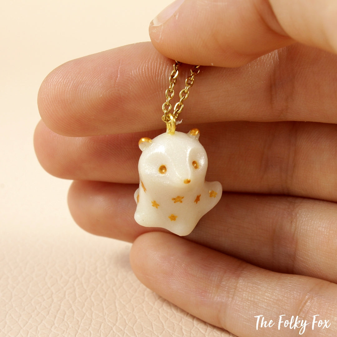 Ghost Skunk Necklace in Polymer Clay - The Folky Fox