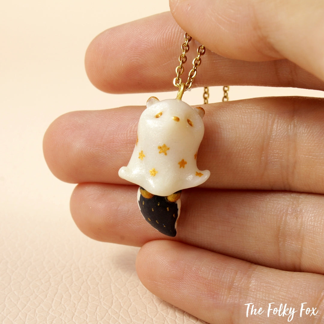 Ghost Skunk Necklace in Polymer Clay - The Folky Fox