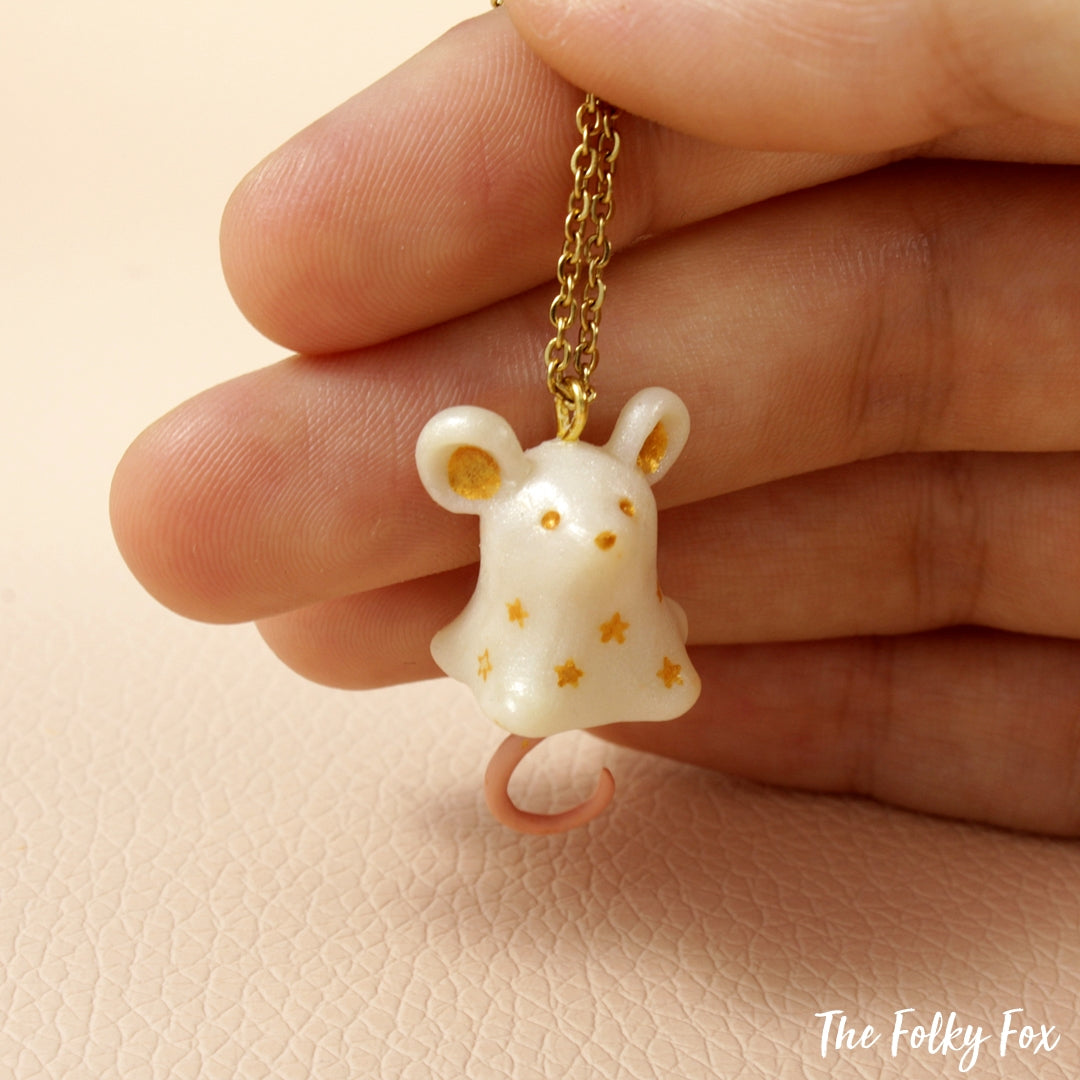 Ghost Mouse Necklace in Polymer Clay - The Folky Fox