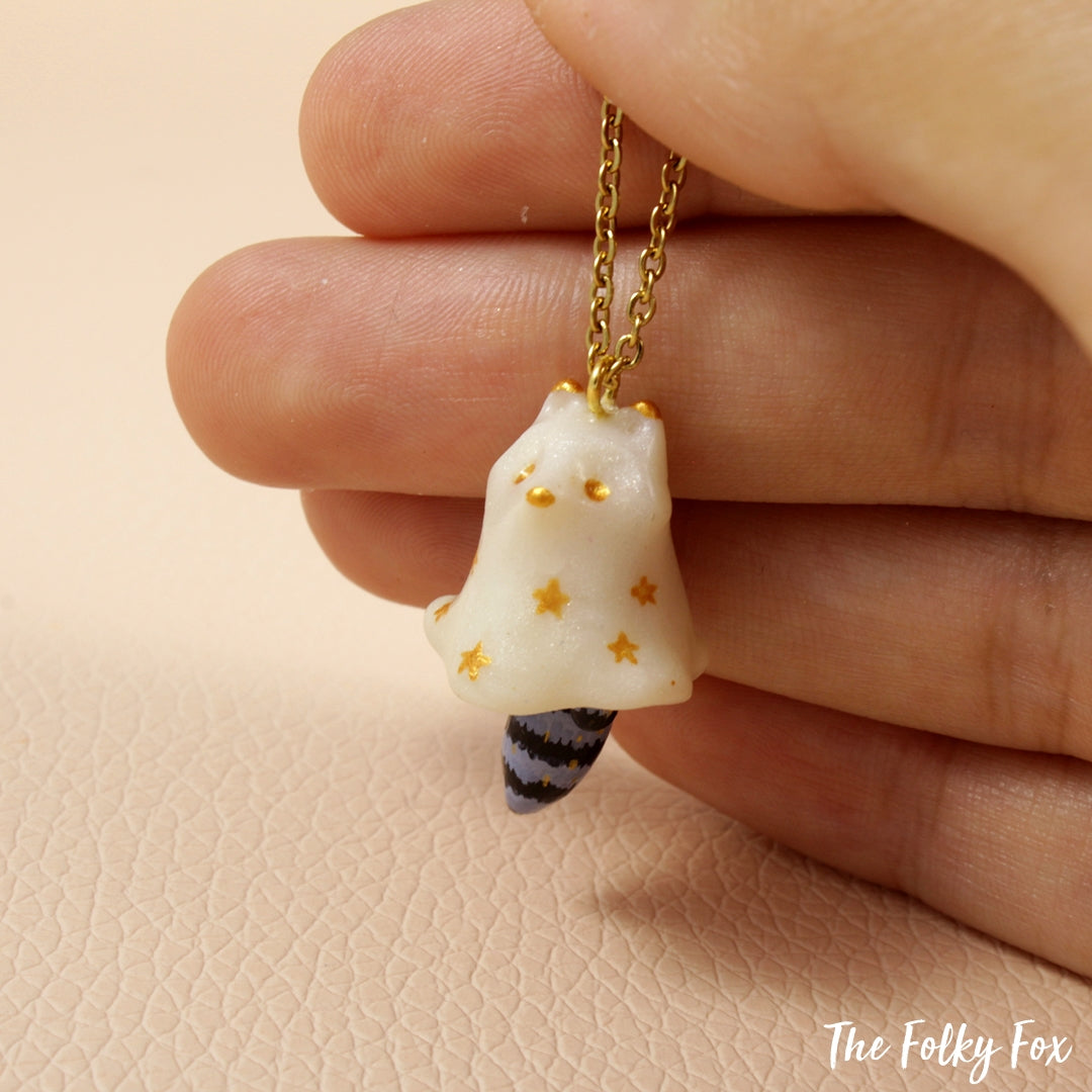 Ghost Raccoon Necklace in Polymer Clay - The Folky Fox