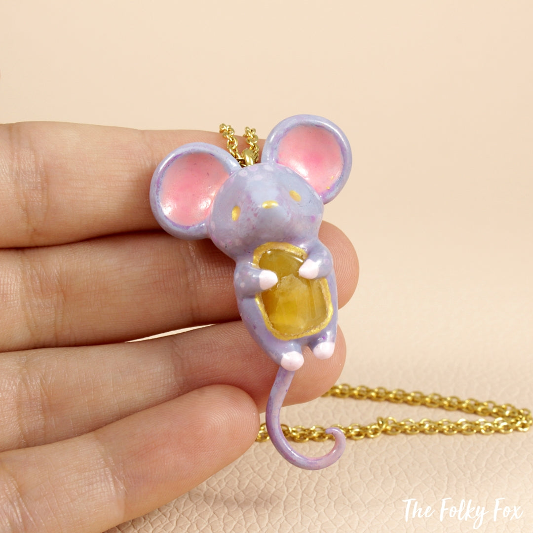 Yellow Quartz Stone Mouse Necklace in Polymer Clay - The Folky Fox