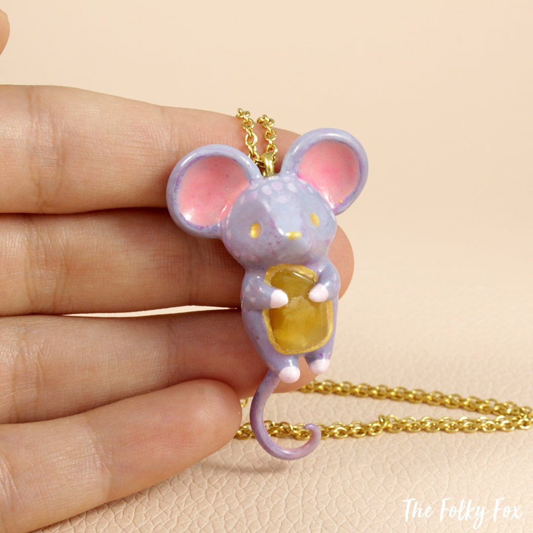 Yellow Quartz Stone Mouse Necklace in Polymer Clay - The Folky Fox