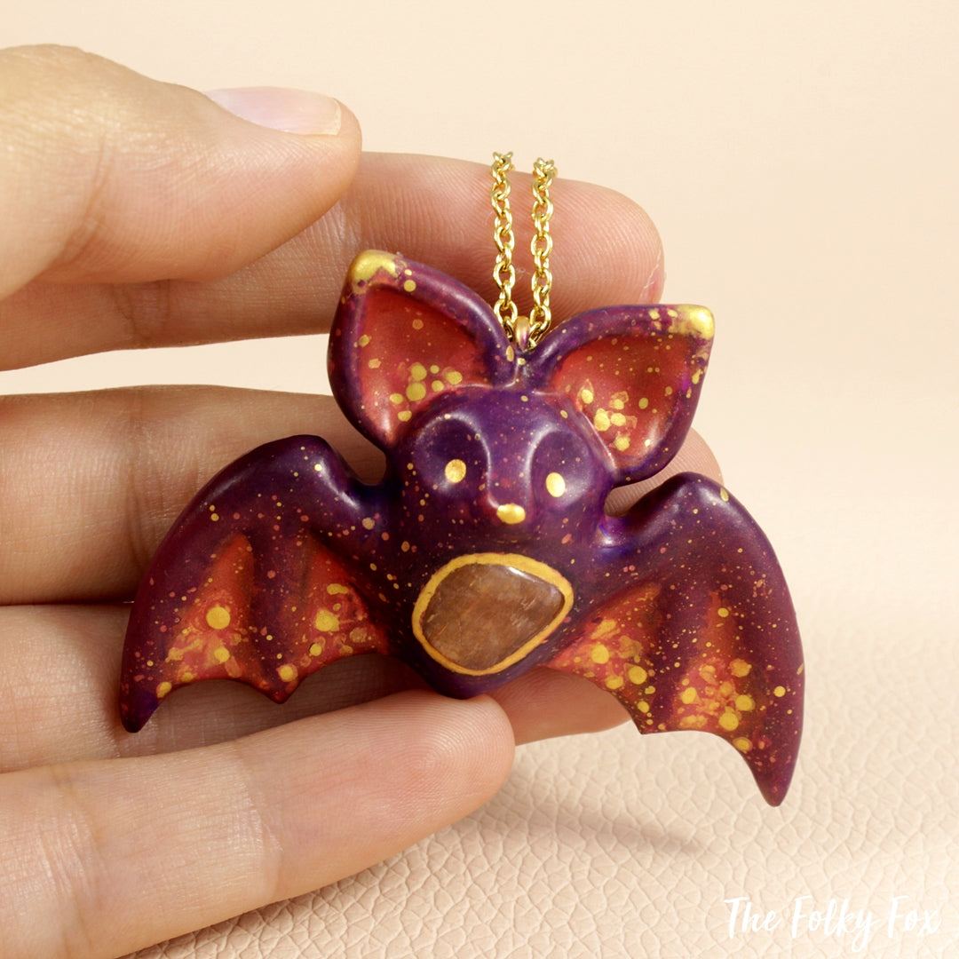 Orange Labradorite Bat Necklace in Polymer Clay - The Folky Fox
