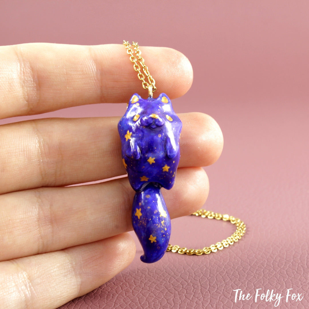 Galaxy Cat Necklace in Polymer Clay - The Folky Fox