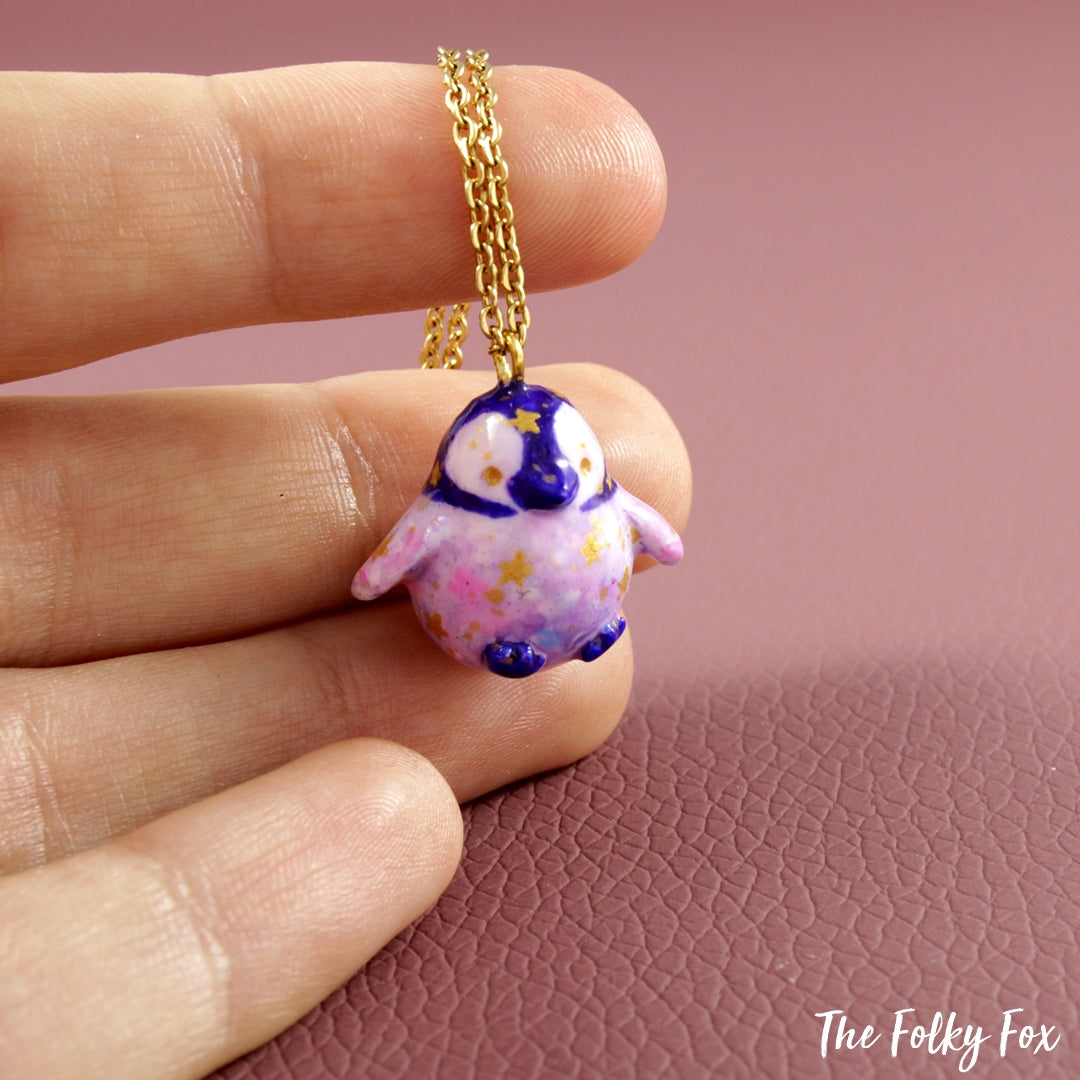 Galaxy Penguin Necklace in Polymer Clay - The Folky Fox