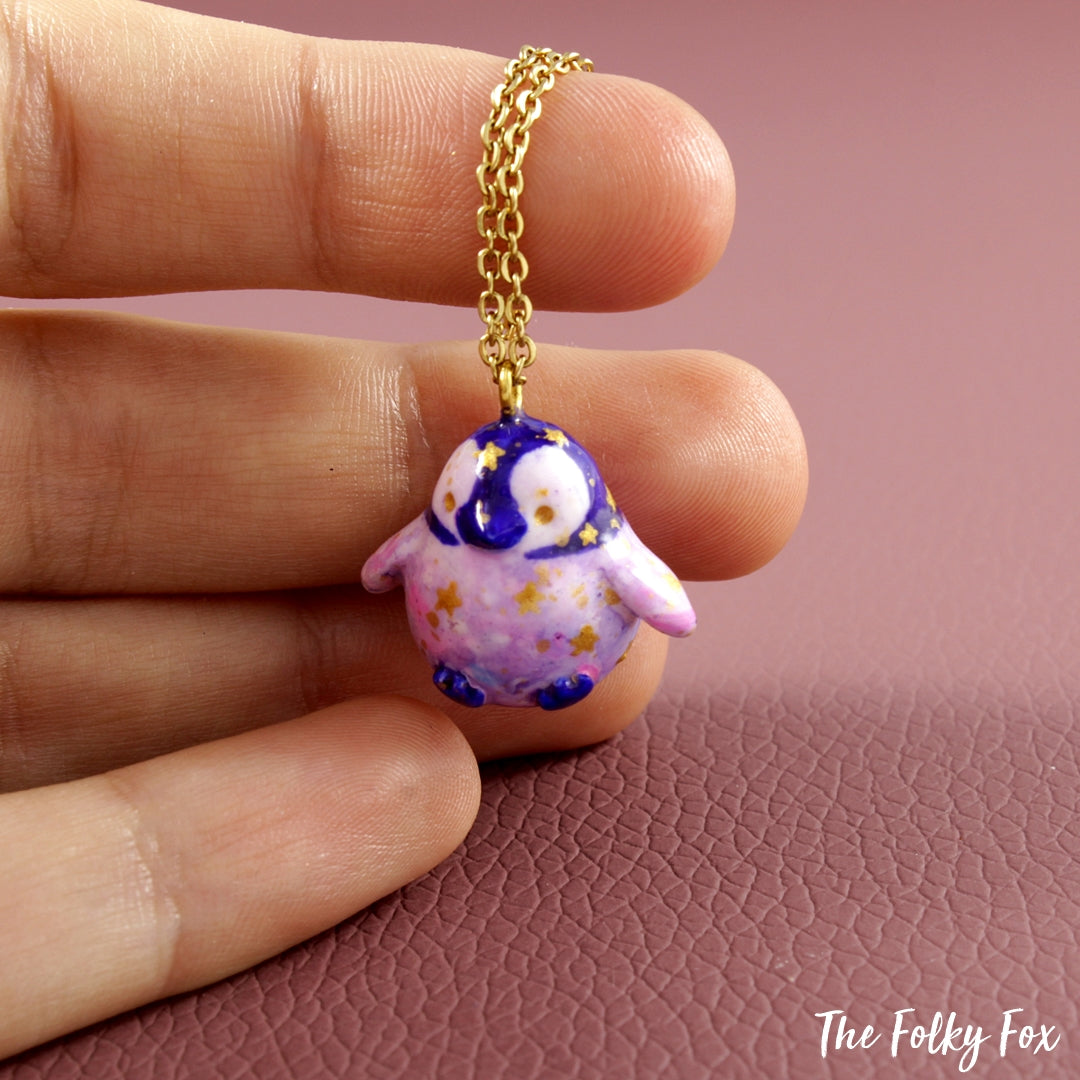 Galaxy Penguin Necklace in Polymer Clay - The Folky Fox