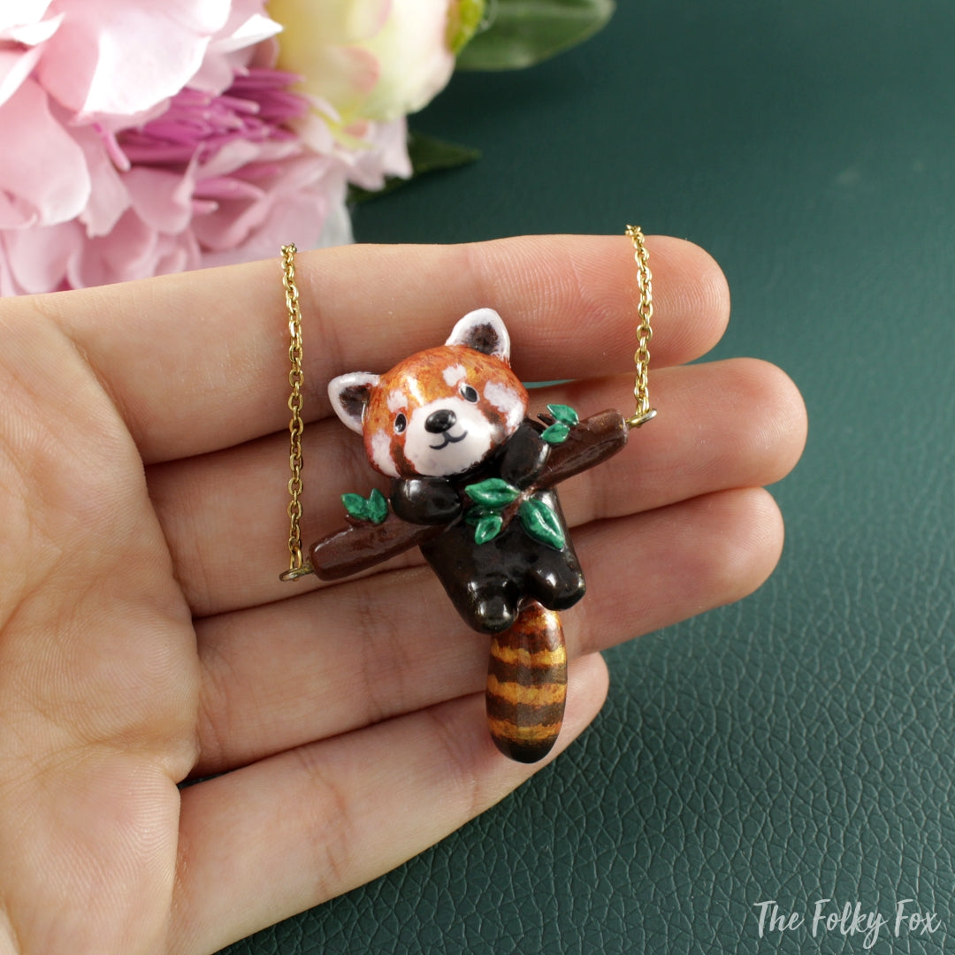 Red Panda Necklace in Polymer Clay - The Folky Fox