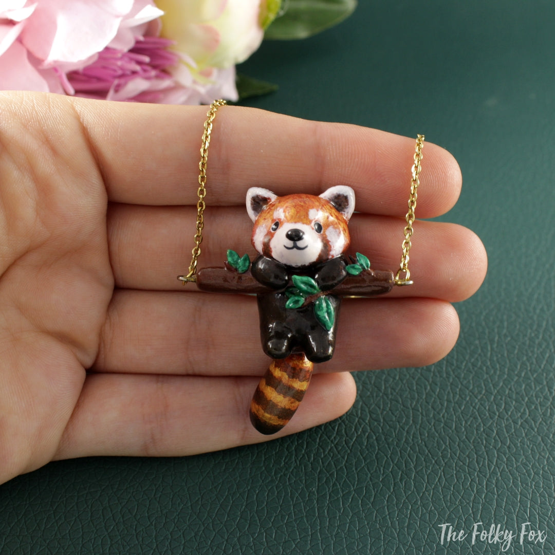 Red Panda Necklace in Polymer Clay - The Folky Fox