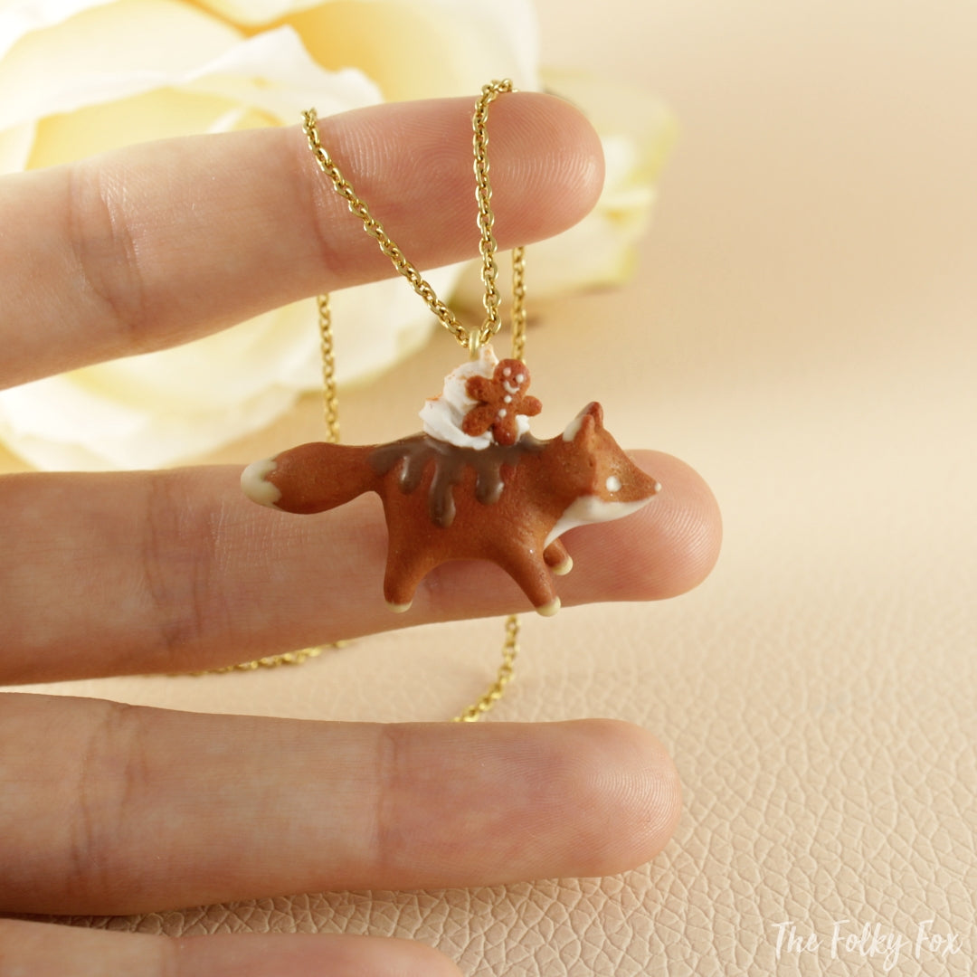 Gingerbread Cake Fox Necklace in Polymer Clay 2 - The Folky Fox