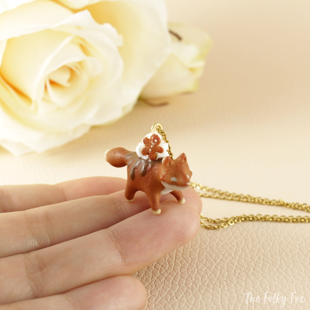 Gingerbread Cake Fox Necklace in Polymer Clay 2 - The Folky Fox