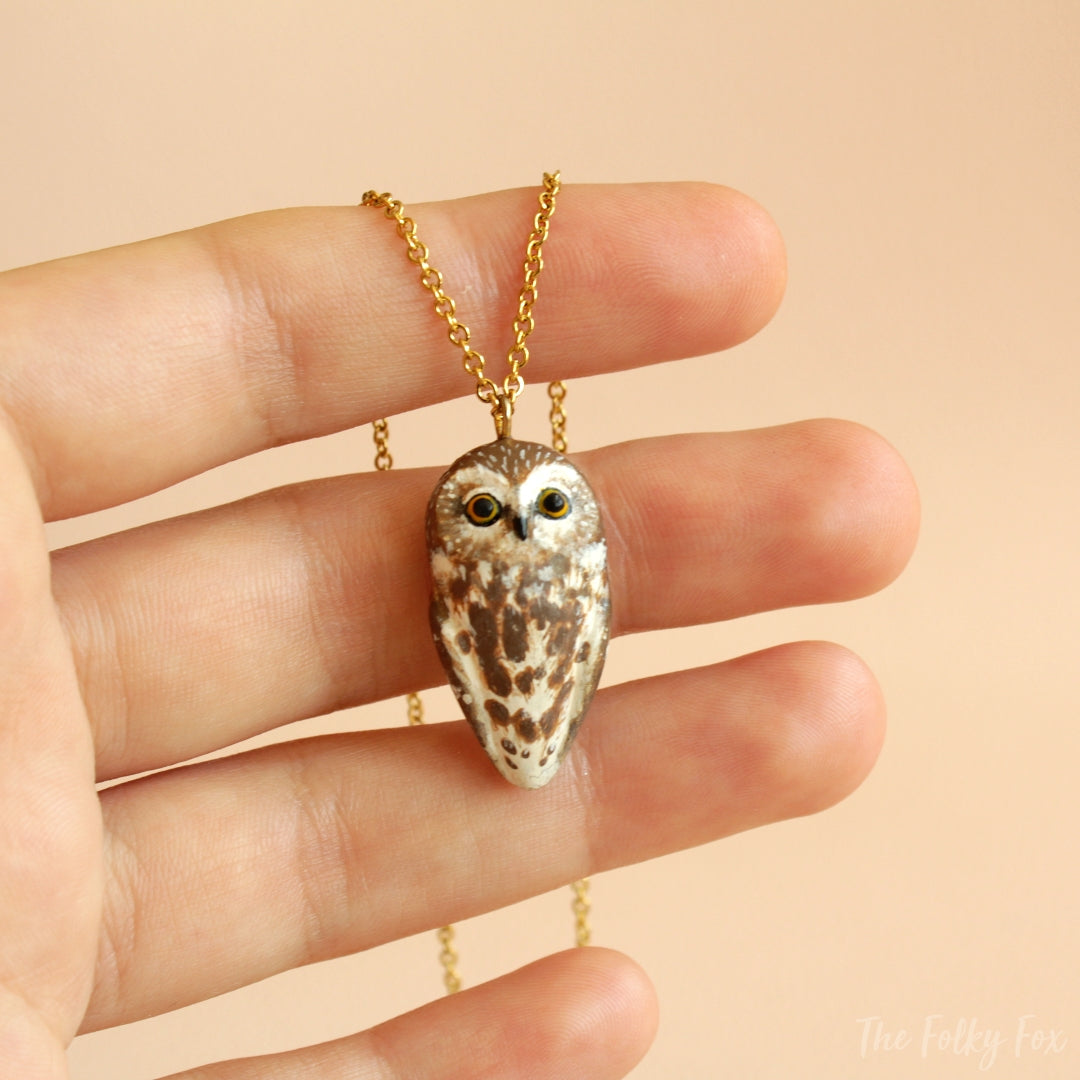 Northern Saw-Whet Owl Necklace in Polymer Clay - The Folky Fox