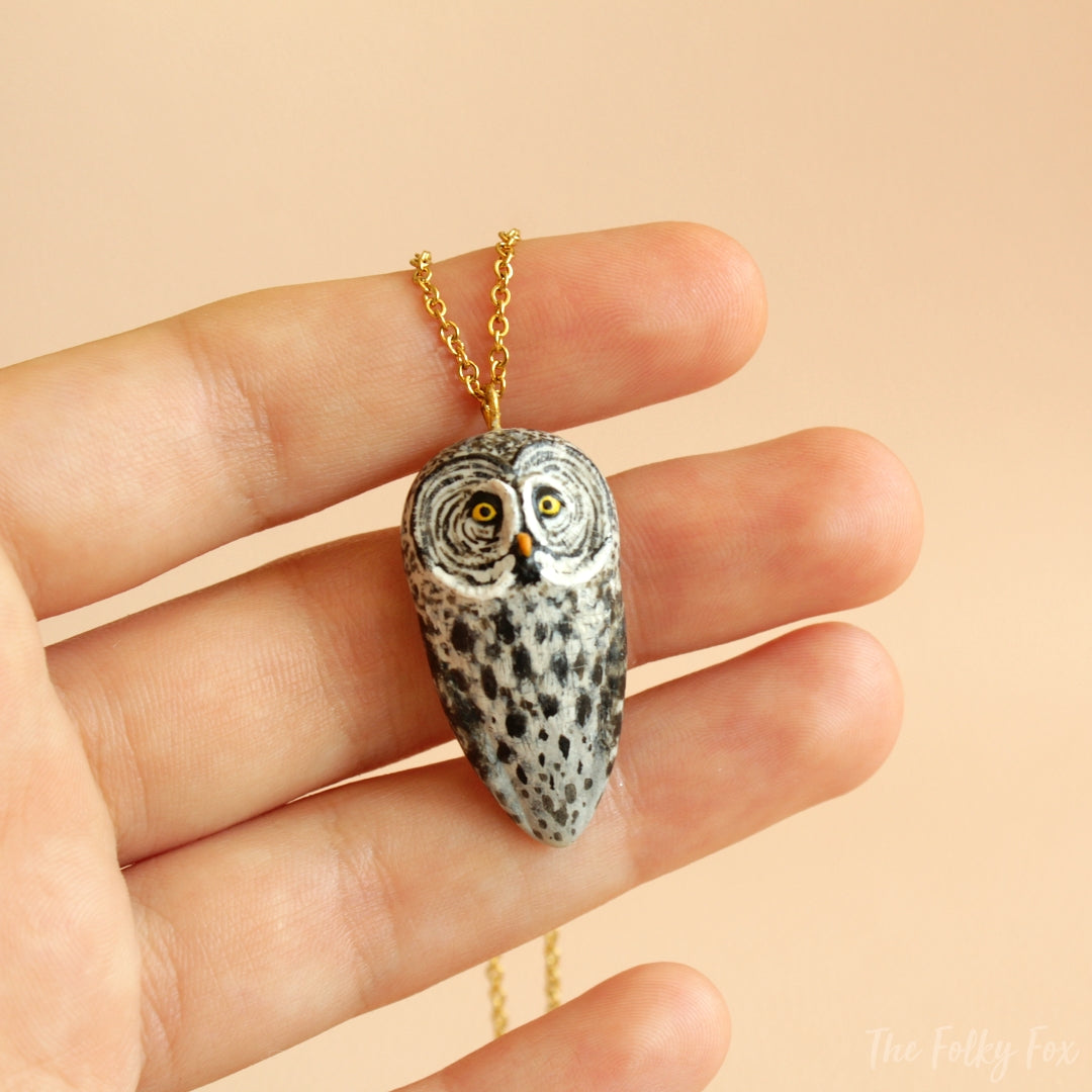 Great Grey Owl Necklace in Polymer Clay - The Folky Fox
