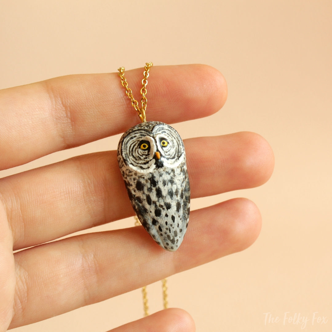 Great Grey Owl Necklace in Polymer Clay - The Folky Fox