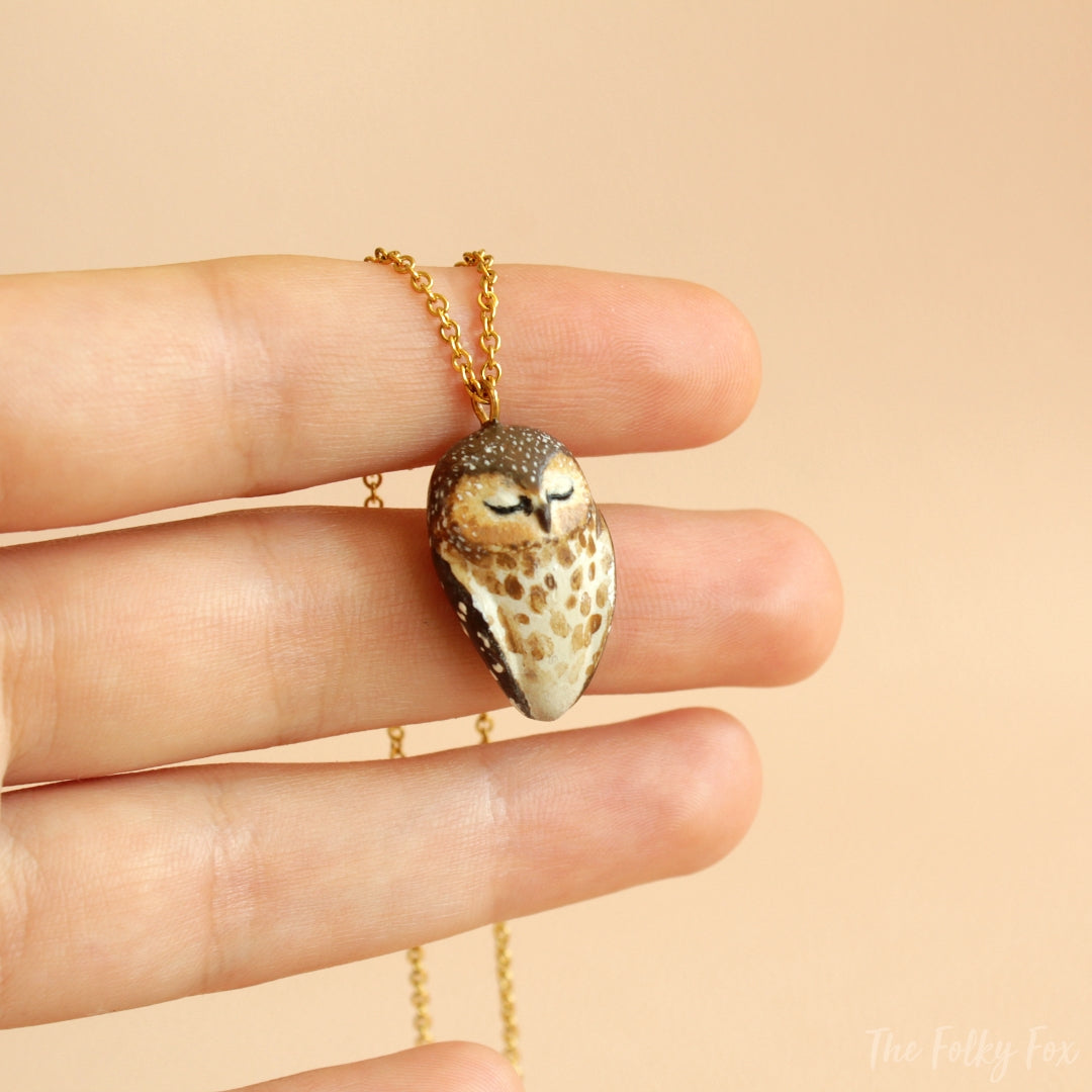 Northern Saw-Whet Owl Necklace in Polymer Clay - The Folky Fox