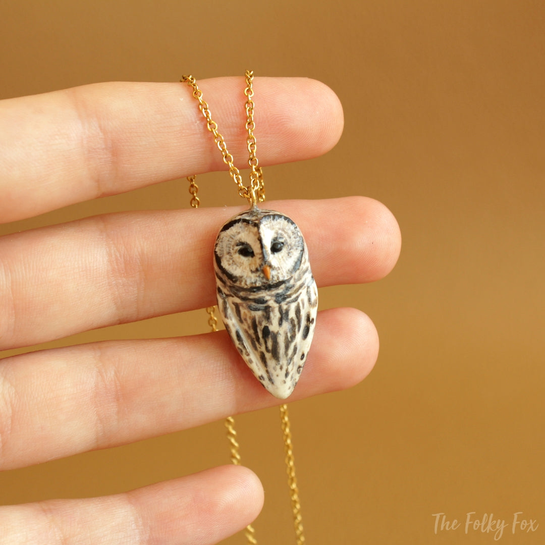Barred Owl Necklace in Polymer Clay - The Folky Fox