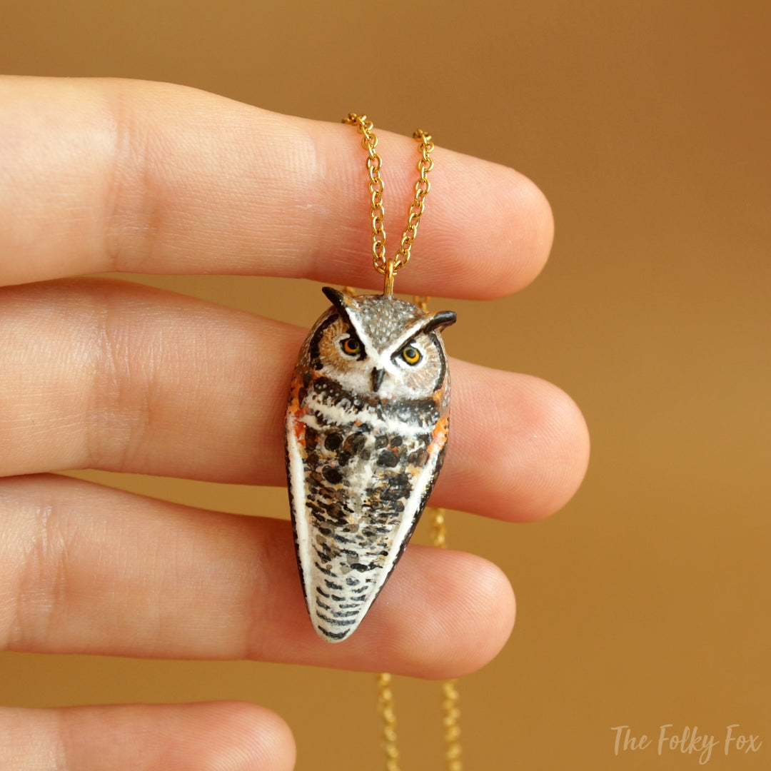 Great Horned Owl Necklace in Polymer Clay - The Folky Fox