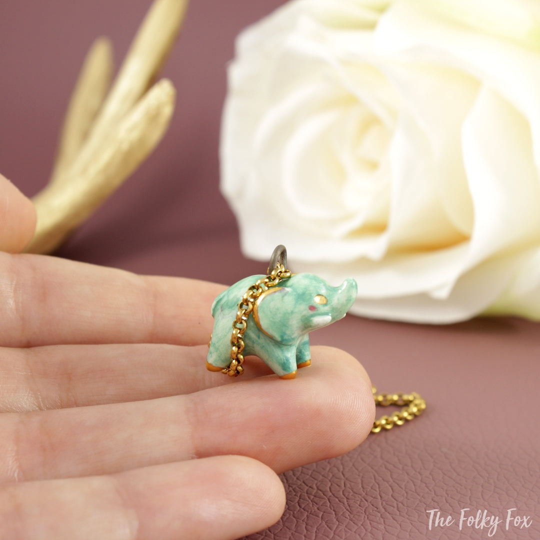 Green Elephant Necklace in Ceramic - The Folky Fox