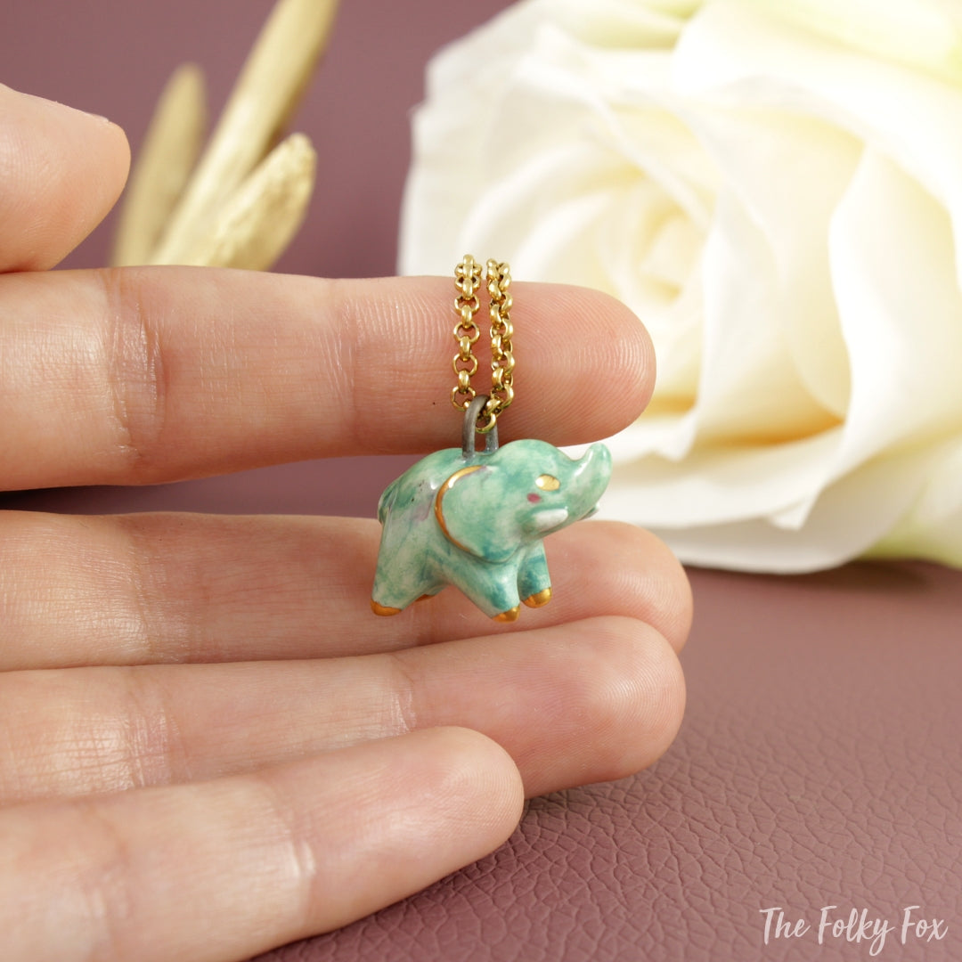 Green Elephant Necklace in Ceramic - The Folky Fox