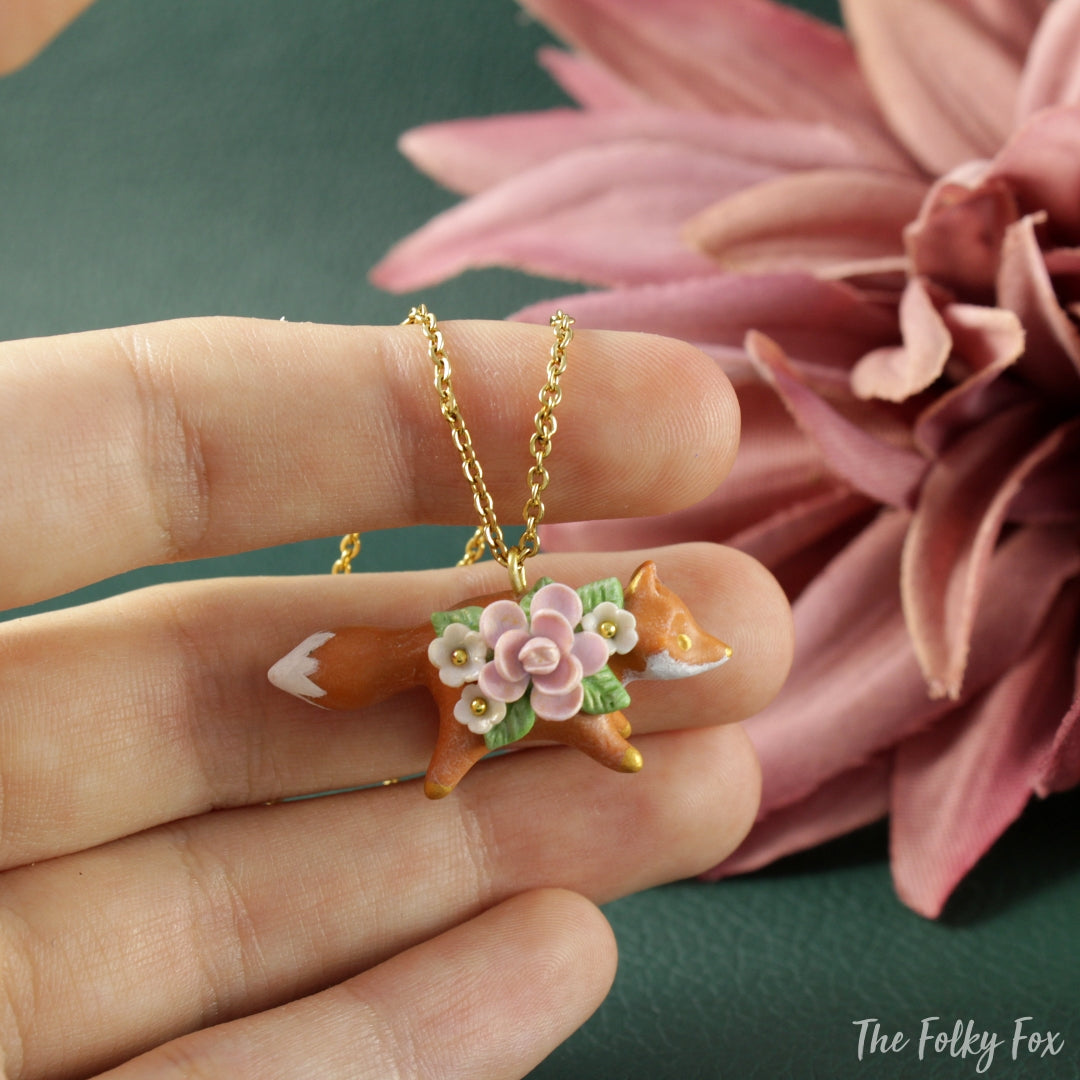 Floral Fox Necklace in Polymer Clay 3 - The Folky Fox