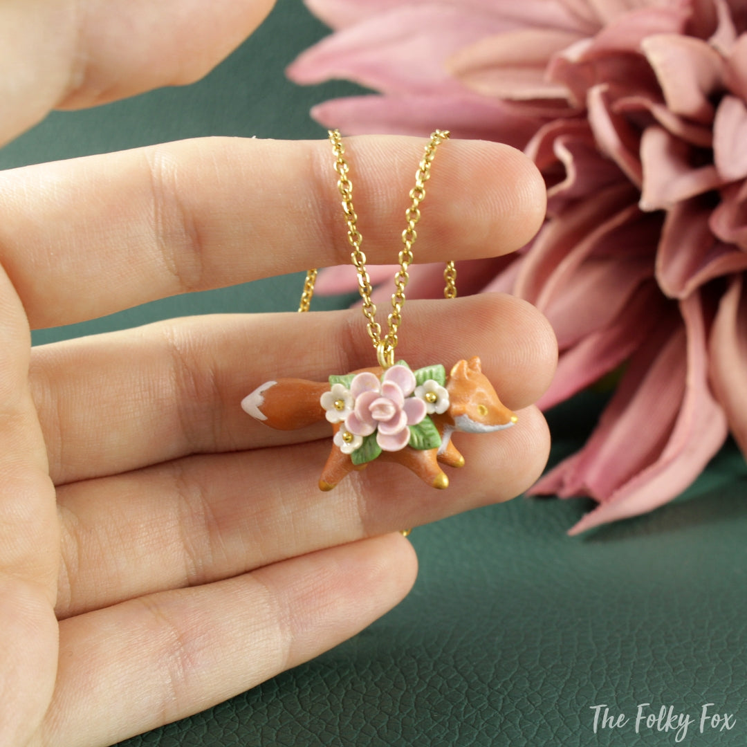 Floral Fox Necklace in Polymer Clay 3 - The Folky Fox