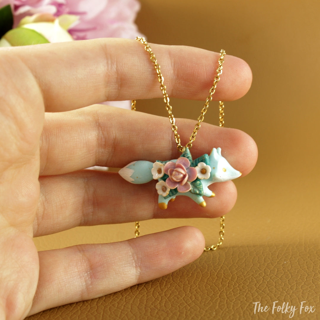 Floral Fox Necklace in Polymer Clay 4 - The Folky Fox