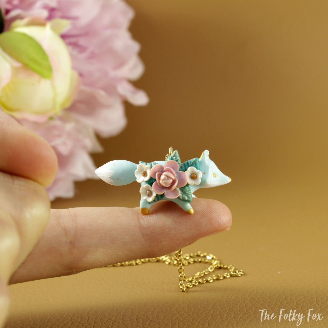 Floral Fox Necklace in Polymer Clay 4 - The Folky Fox