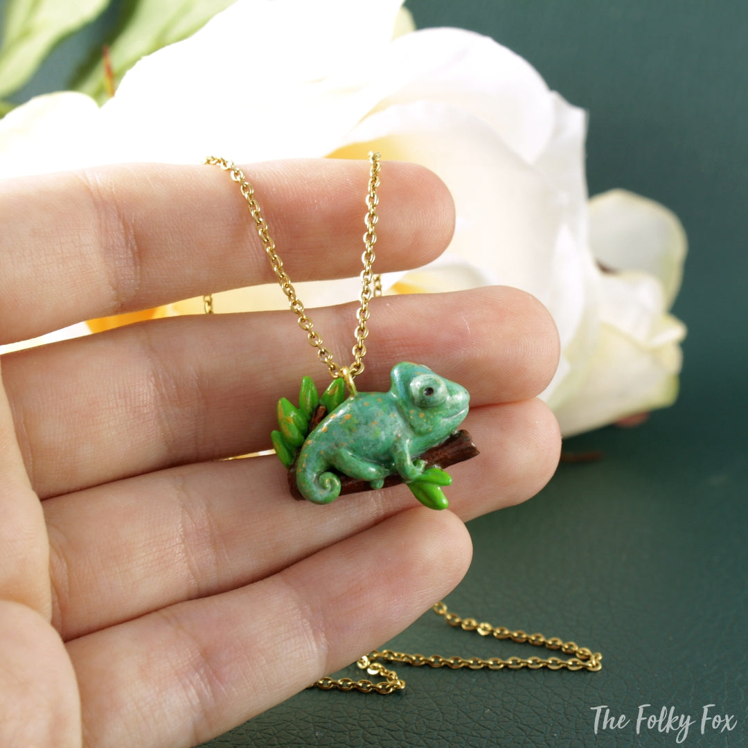 Chameleon Necklace in Polymer Clay - The Folky Fox