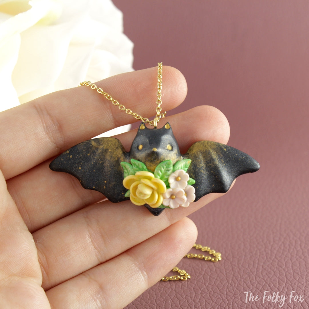 Floral Bat Necklace in Polymer Clay 1 - The Folky Fox