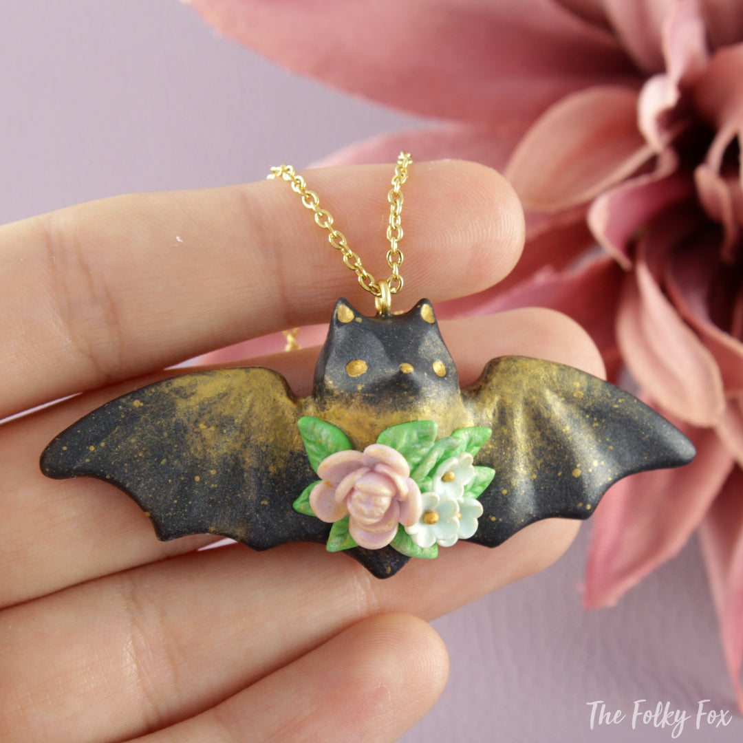 Floral Bat Necklace in Polymer Clay 2 - The Folky Fox