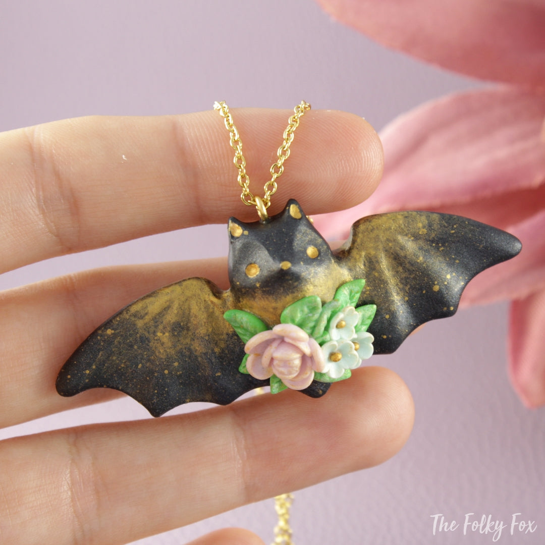 Floral Bat Necklace in Polymer Clay 2 - The Folky Fox