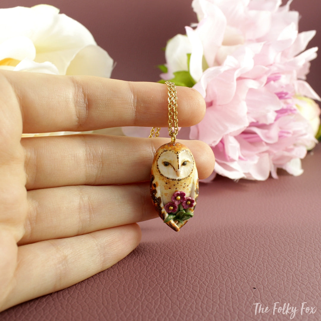 Floral Barn Owl Necklace in Polymer Clay - The Folky Fox