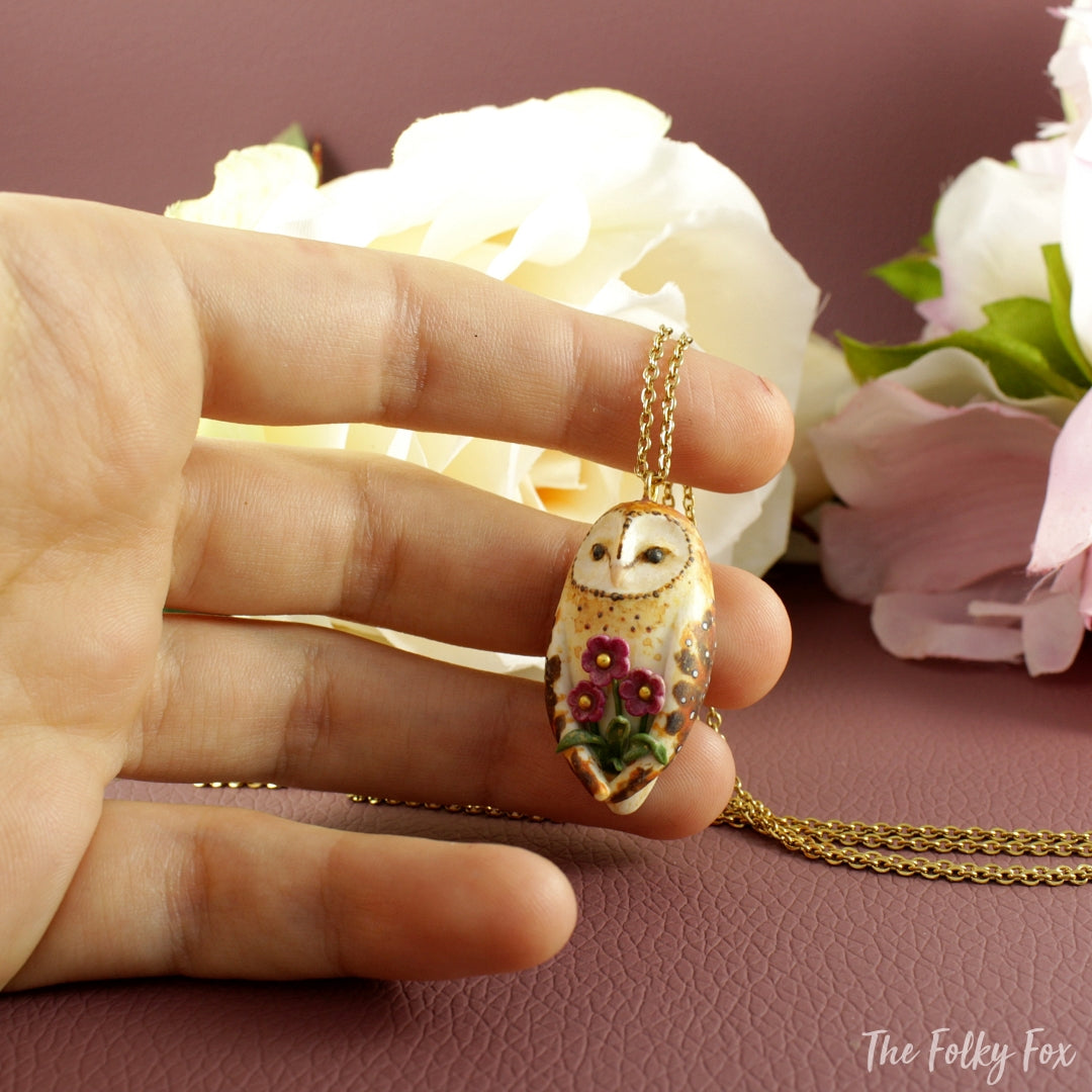 Floral Barn Owl Necklace in Polymer Clay - The Folky Fox