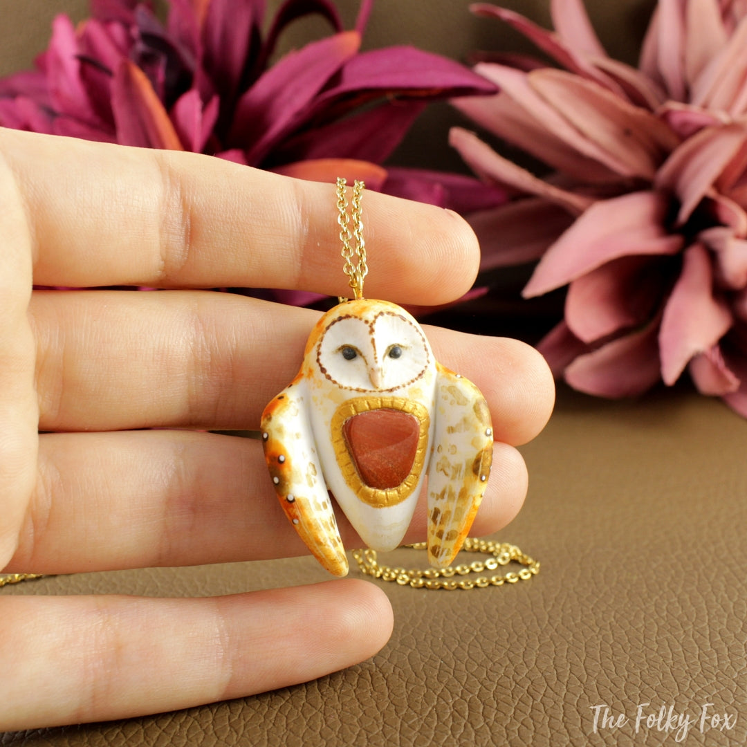 Barn Owl with a Red Jasper Stone - Necklace in Polymer Clay - The Folky Fox