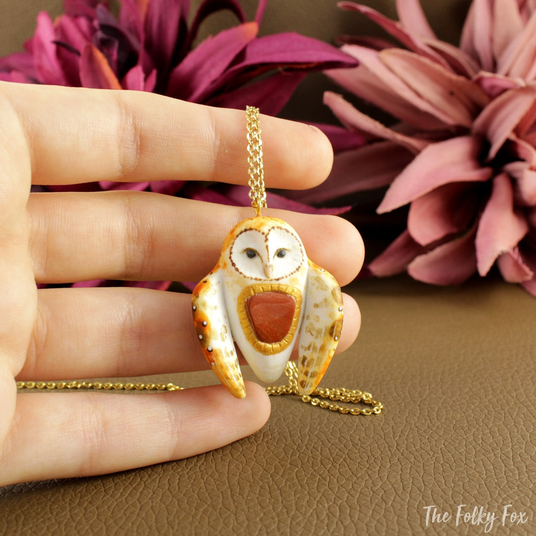 Barn Owl with a Red Jasper Stone - Necklace in Polymer Clay - The Folky Fox