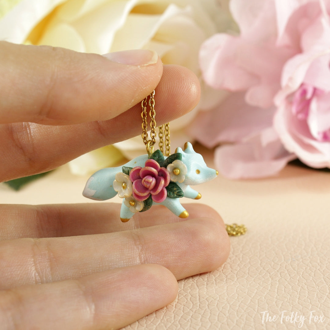 Floral Fox Necklace in Polymer Clay 2 - The Folky Fox