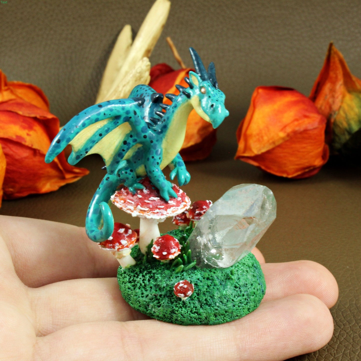 Crystal Dragon with Mushroom Sculpture in Polymer Clay - The Folky Fox