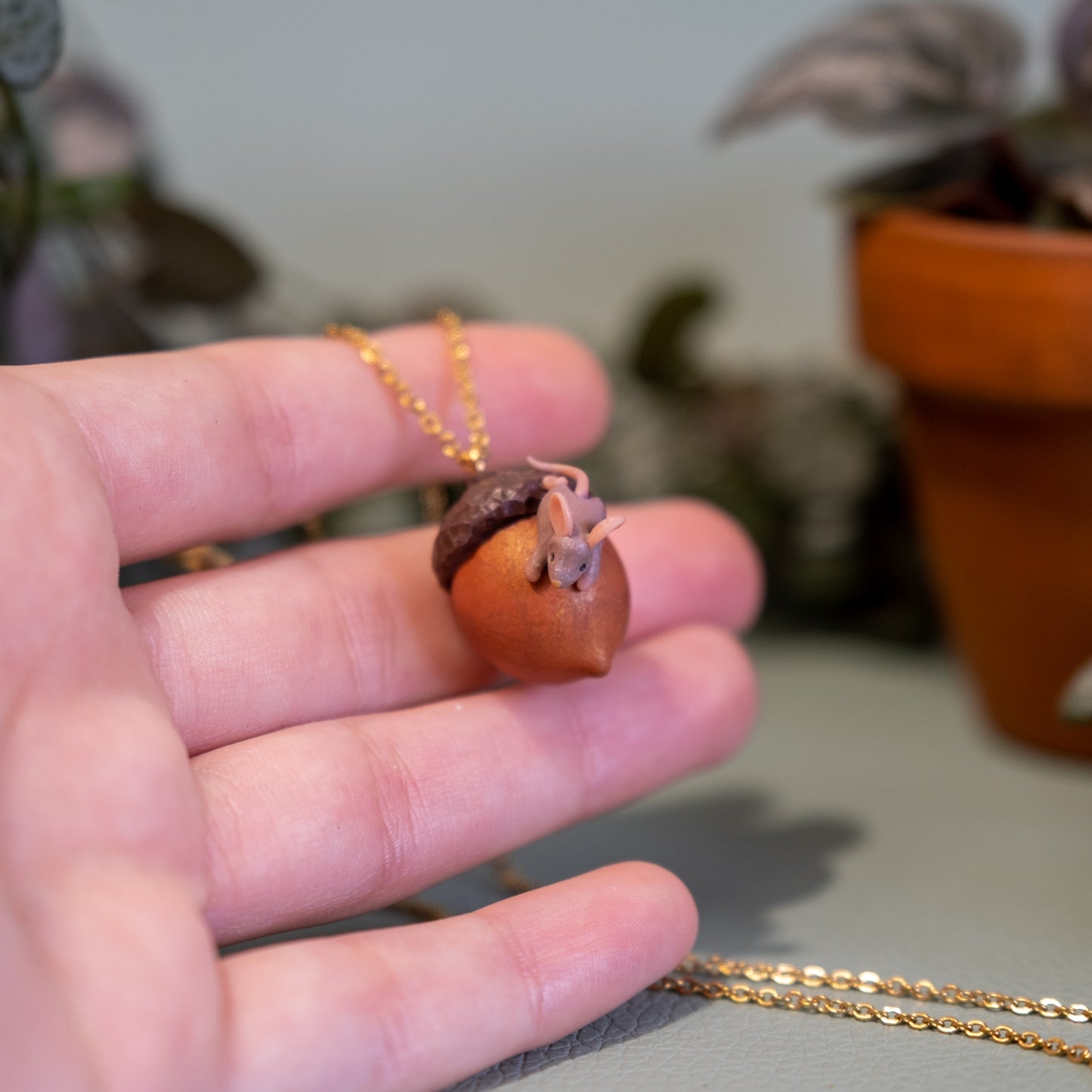 Mouse acorn Necklace in Polymer Clay