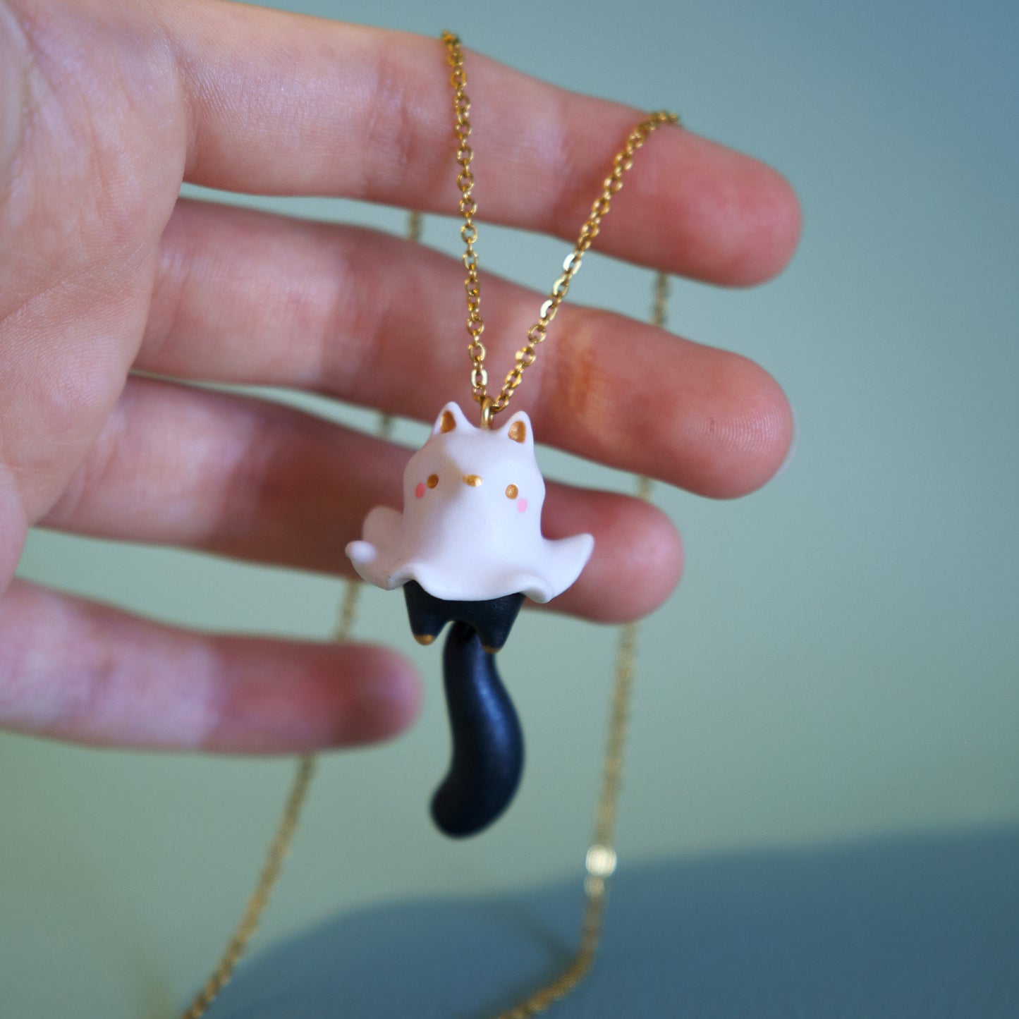 Cat Ghost Necklace in Polymer Clay