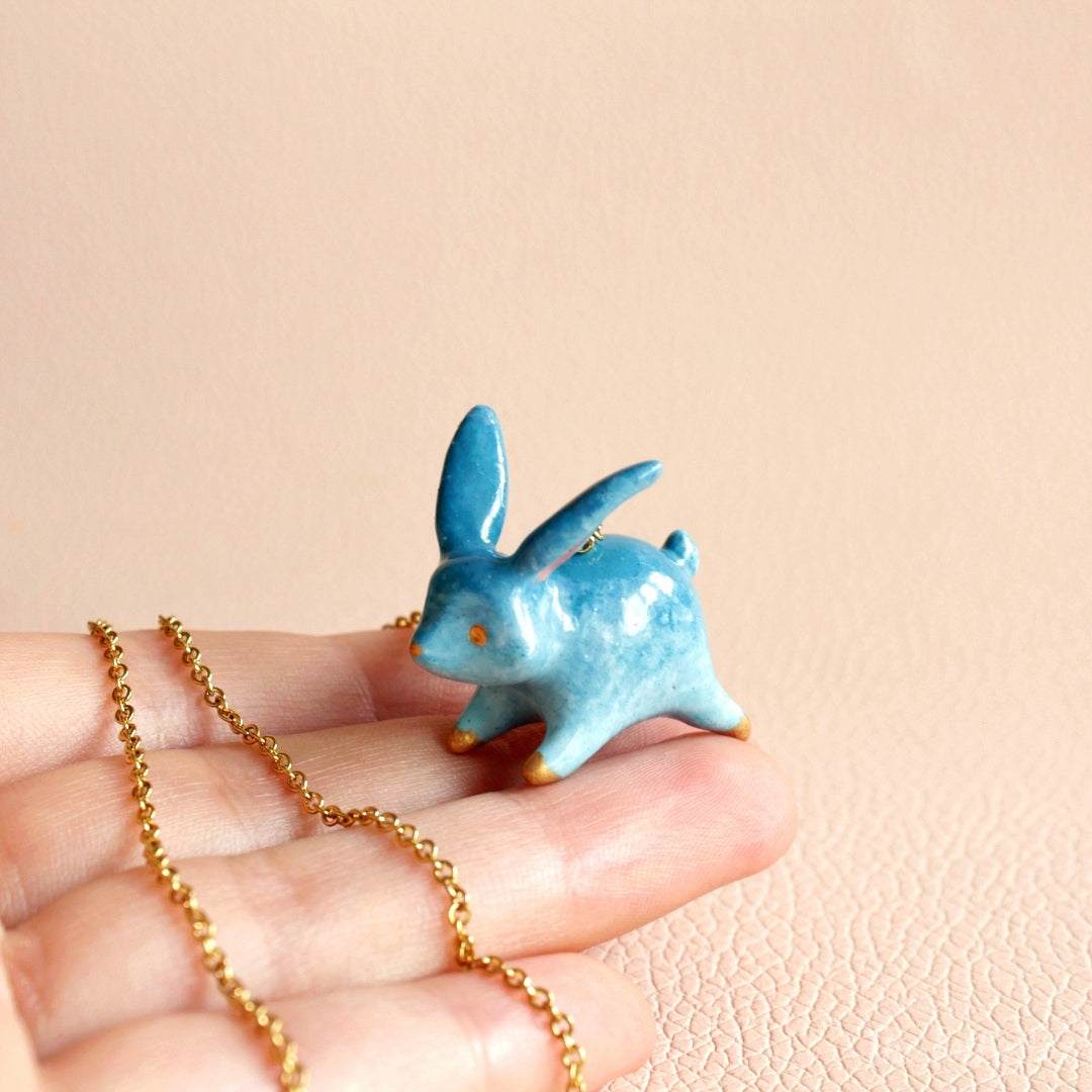 Blue Bunny Necklace in Polymer Clay - The Folky Fox