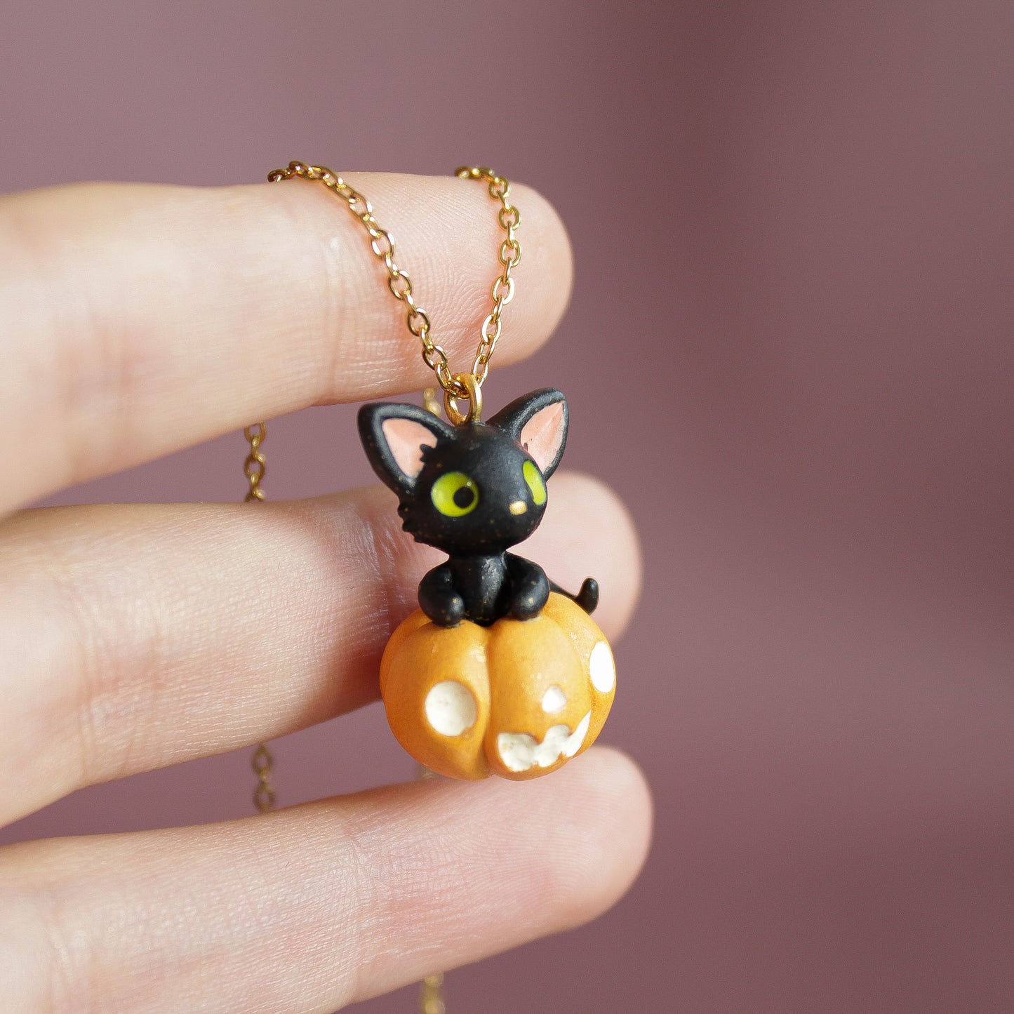 Pumpkin Cat Necklace in Polymer Clay