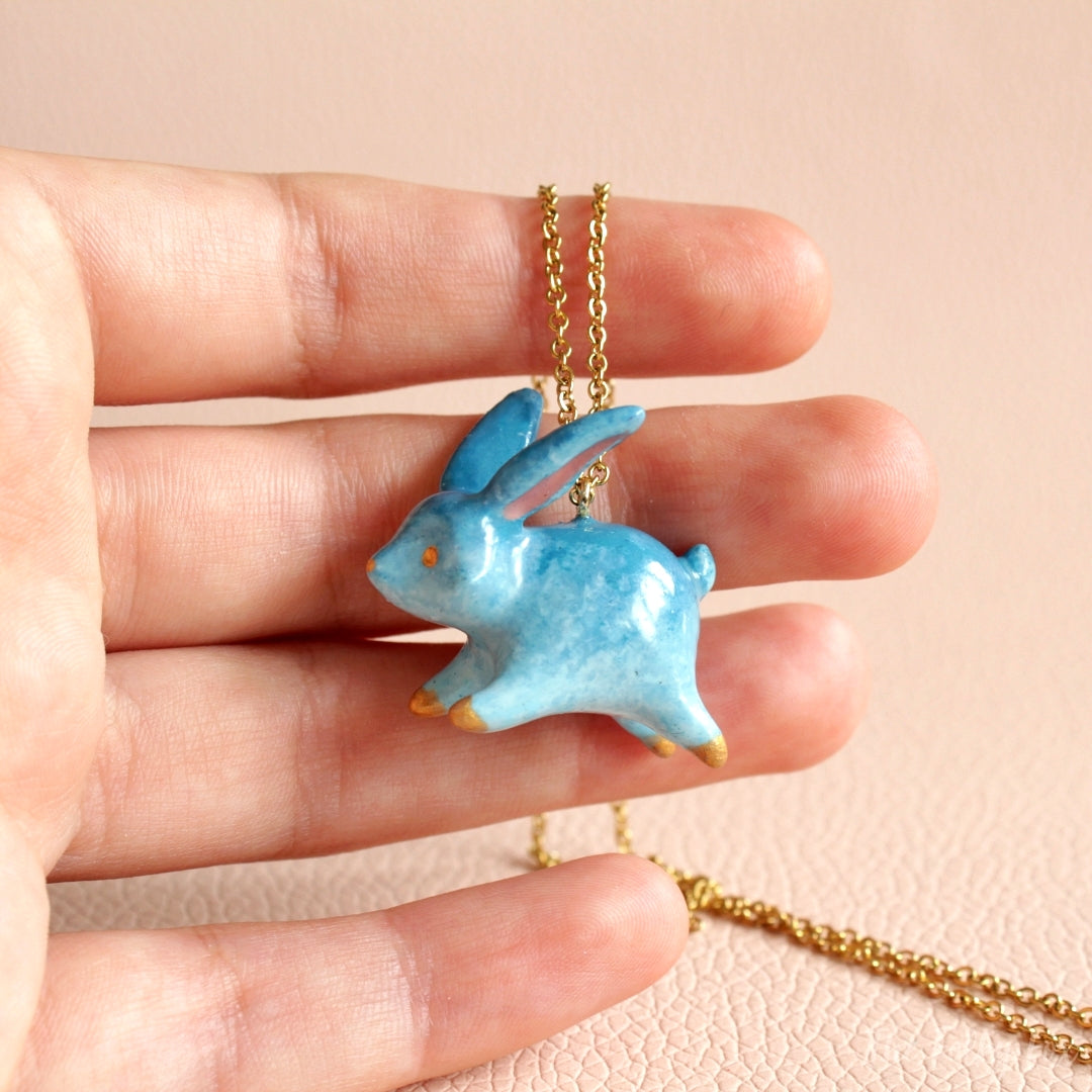 Blue Bunny Necklace in Polymer Clay - The Folky Fox