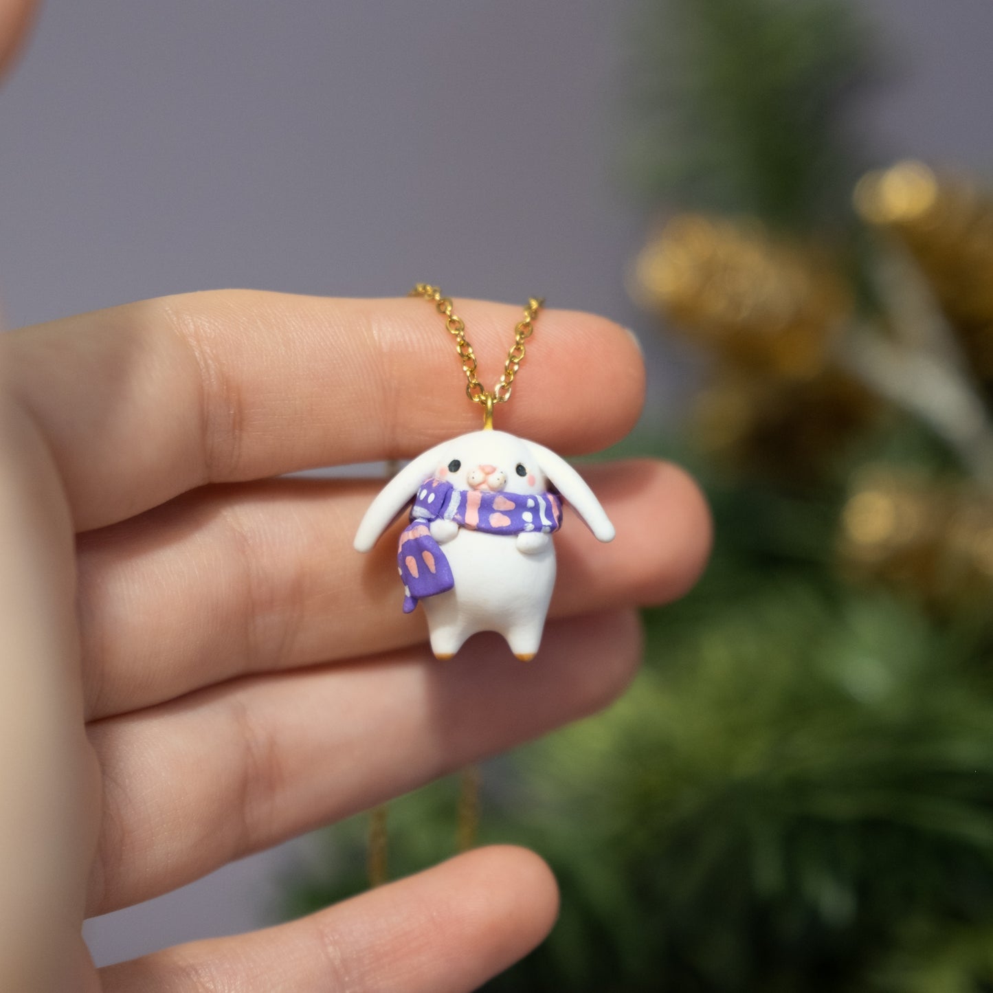 Winter Bunny Necklace in Polymer Clay